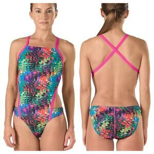 [Speedo] Endurance Lite Abstract Pixel Turnz Vee 2 One-Piece Swimsuit NWT Sz 38